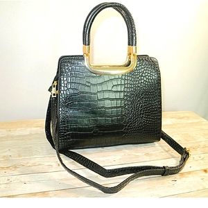 Black Croc Textured Top Handle Bag